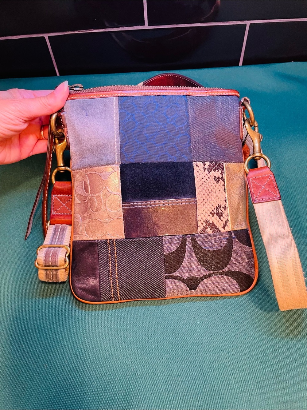 Coach Patchwork Crossbody in Blue, Black, Tan and silver - Picture 3 of 12